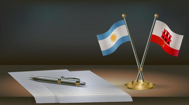 Argentina and Gibraltar flags on table in office. International relations on a dark gradient color background. vector