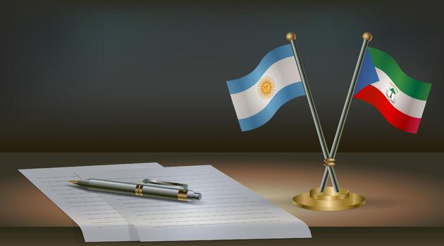 Argentina and Equatorial Guinea flags on table in office. International relations on a dark gradient color background. vector