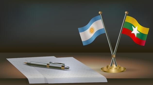 Argentina and Myanmar flags on table in office. International relations on a dark gradient color background. vector