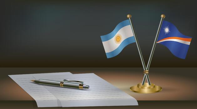 Argentina and Marshall Islands flags on table in office. International relations on a dark gradient color background. vector