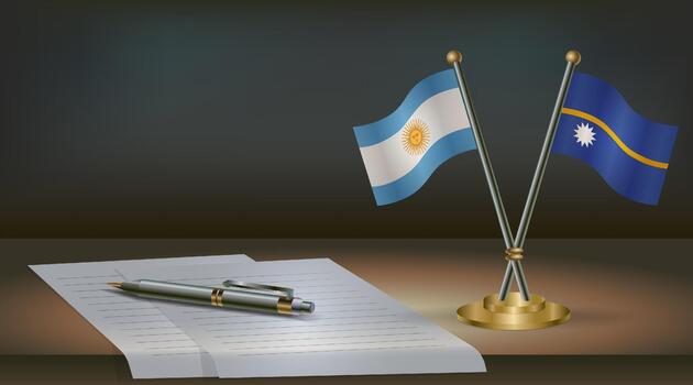 Argentina and Nauru flags on table in office. International relations on a dark gradient color background. vector