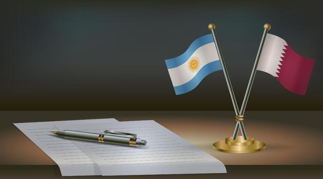 Argentina and Qatar flags on table in office. International relations on a dark gradient color background. vector