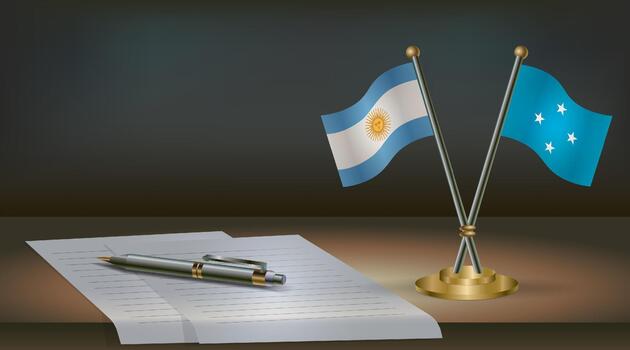 Argentina and Micronesia flags on table in office. International relations on a dark gradient color background. vector