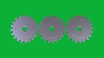 3d metálico engrenagens rotativo animação em verde tela fundo, brilhante aço roda dentada mecanismo laço, industrial Engenharia maquinaria movimento para tecnologia, configurações ícone, e mecânico visual video