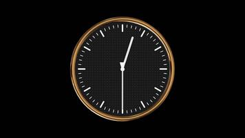 3d vägg klocka med gyllene ram som visar full 12 timmar animering på svart bakgrund, realistisk roterande klocka händer, elegant modern tidmätare rörelse för timelapse, visuell design, och grafisk effekter video