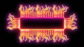 néon integrado o circuito diagrama brilho animação, futurista microchip processador esboço com multicolorido elétrico vestígios, alta tecnologia pcb eletrônicos visualização em Preto fundo video