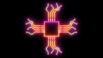 néon integrado o circuito símbolo brilho animação, futurista microchip linhas pulsante com elétrico energia, vibrante multicolorido eletrônico lasca diagrama e tecnologia ui elemento em Preto fundo video
