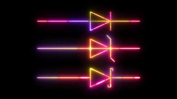 neon diodo tipi simbolo splendore animazione, colorato elettrico semiconduttore raddrizzatore icone con pulsante neon leggero effetti per elettronica tutorial, circuito diagrammi, ingegneria immagini, e futuristico video
