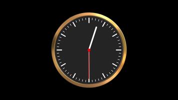 3d parete orologio con elegante d'oro telaio e liscio 12 ore rotazione animazione su nero sfondo, alta qualità orologio movimento grafico per lasso di tempo, conto alla rovescia, e moderno video la modifica