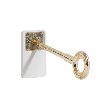 un' d'oro chiave immersa nel un' rettangolare meccanismo con intricato circuiti e scintillante metallo, png