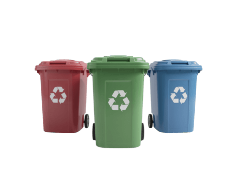 Three colorful recycle bins standing in a row, isolated on a transparent canvas for versatile png
