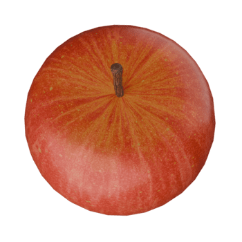 Overhead shot of a red apple with a brown stem, textured skin, and radiating yellow patterns, bathed in soft, diffused light, creating a warm, inviting ambiance. png