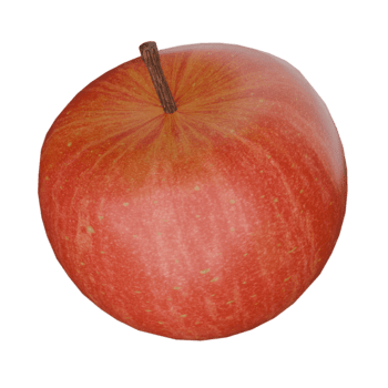 A photorealistic, red apple with a brown stem sits centrally, illuminated softly, displaying subtle yellow speckles and radial patterns, creating a fresh, inviting ambiance. png