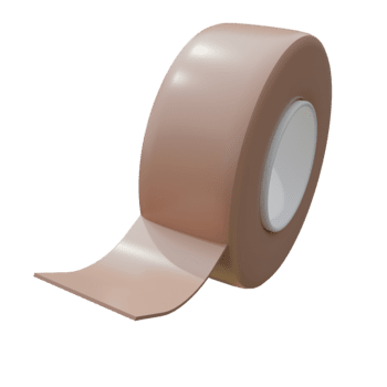 A roll of tan tape with a white core is partially unrolled, glossy, and 3D rendered against a transparent background, casting soft shadows. png