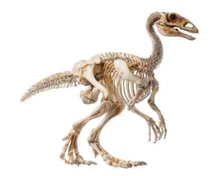 dinamico dinosauro scheletro posizione mostrando suo completare osso struttura. Questo preistorico fossile replica, un antico teropode, isolato su trasparenza sfondo per studia png