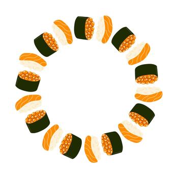 Sushi arreglado en un circular modelo exhibiendo varios tipos y sabores para un festivo comida experiencia vector