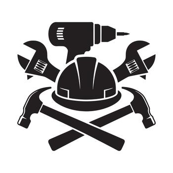 Construction tools including a drill wrenches helmet and hammers in a black and white design vector