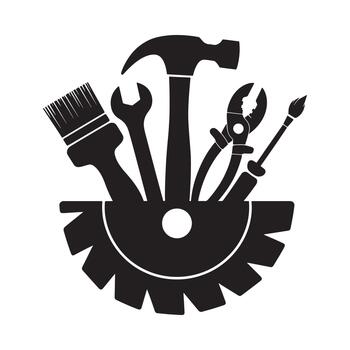 An assortment of black silhouette tools arranged around a circular gear design vector
