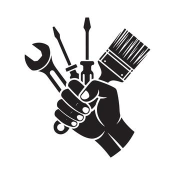 A clenched hand firmly grasping various tools representing construction and repair work vector