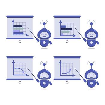 The robot demonstrates presentations with various diagrams and graphs on the screen. vector