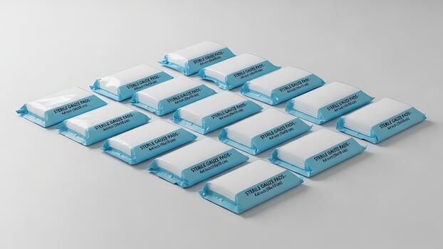 Rows of blue and white rectangular objects arranged in a grid pattern on a light gray surface. photo