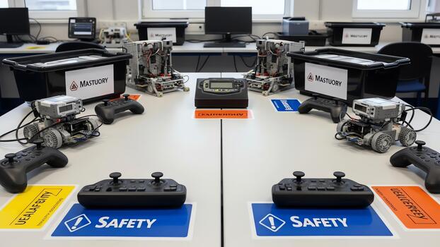 robótica salón de clases preparar con múltiple robots y controladores para vástago educación. foto
