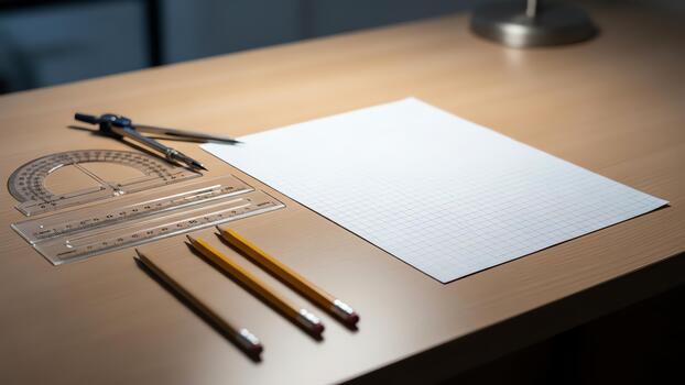 Drafting tools and paper on a wooden desk for design and architecture projects. photo