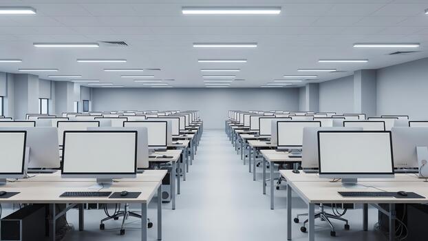 moderno computadora laboratorio con filas de escritorios y monitores foto