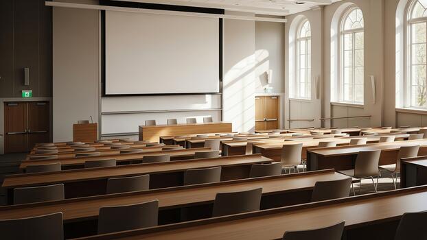 Empty University Lecture Hall with Rows of Wooden Desks and Chairs Facing a Projection Screen. photo