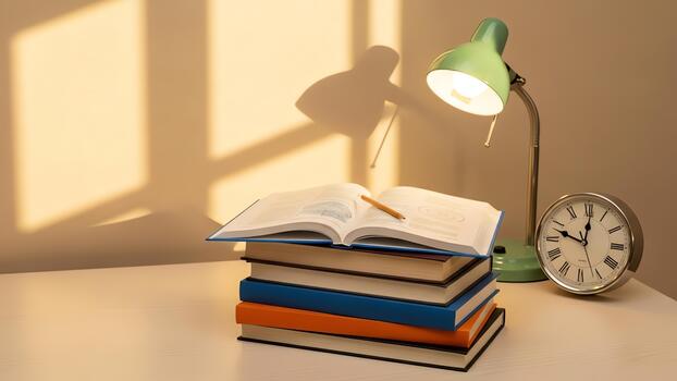 Stack of books with an open book and pencil, illuminated by a desk lamp, with a clock and shadows on the wall. photo