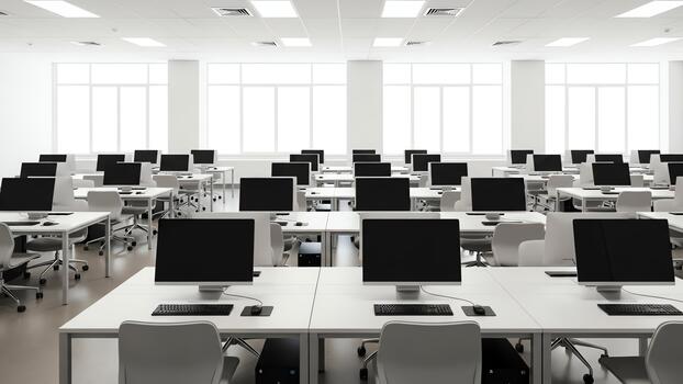 moderno computadora laboratorio salón de clases con filas de escritorios y monitores foto