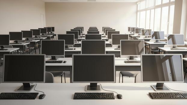 vacío computadora salón de clases con filas de escritorios y monitores foto