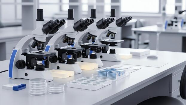 Modern Laboratory with Multiple Microscopes Lined Up on a Table. photo