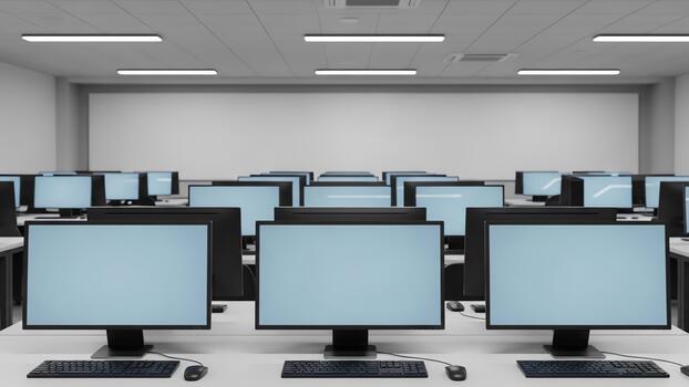 Modern Computer Lab with Rows of Desktop Computers and Monitors. photo