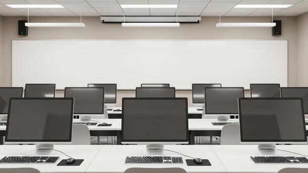 moderno computadora salón de clases con filas de escritorios y monitores foto