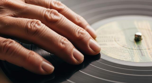 Close-up of Hand on Vinyl Record Player. photo