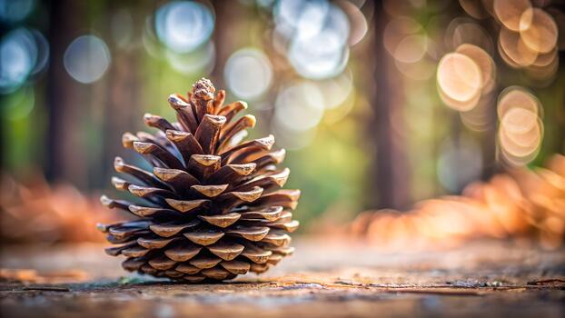 Close Up Of A Pine Cone Resting On A Wooden Surface With Soft Bokeh Forest Background photo
