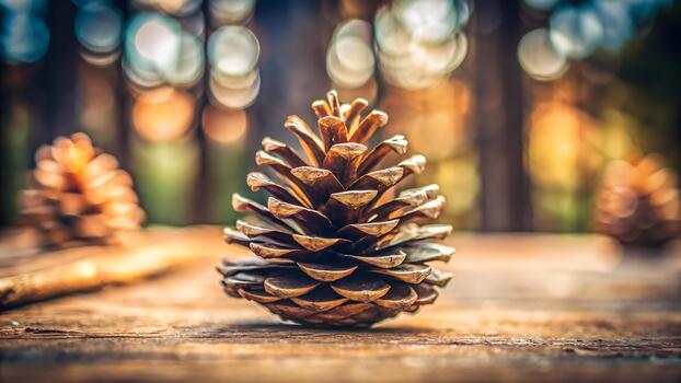Close Up Of A Golden Pine Cone On A Rustic Wooden Surface In A Sunlit Forest With Soft Bokeh Background photo