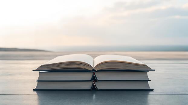 Stack of books on a table with a view of the ocean photo