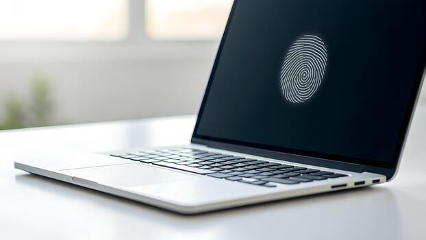 Laptop Displaying Fingerprint Scan Security Technology Symbol On Dark Screen With Soft Window Light photo