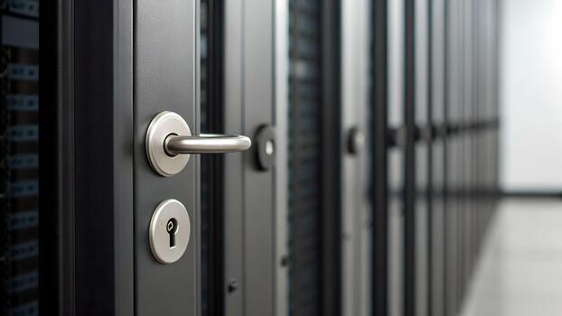 Close up of Server Room Door Handle and Lock with Row of Racks in Background photo
