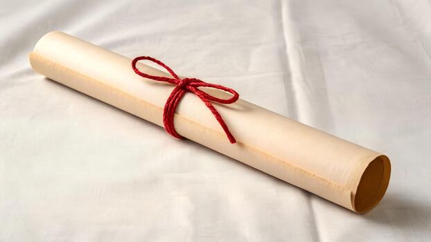 arrollado certificado atado con rojo cuerda en blanco texturizado antecedentes cerca arriba estudio Disparo foto