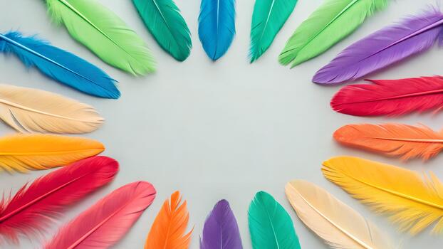 Vibrant Assorted Colored Feathers Arranged in a Circular Pattern on a Light Gray Background with Sparkles photo