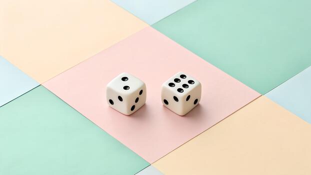 Two white dice showing numbers four and six placed on a pastel colored background with diagonal color blocks photo