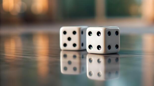 Close Up Of Two White Dice On A Reflective Surface With Soft Bokeh Background photo