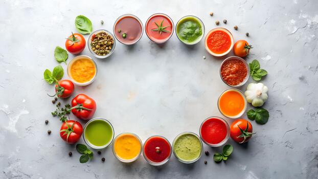 Diverse Array Of Colorful Sauces And Fresh Ingredients Arranged In A Circle On A Textured Gray Surface photo