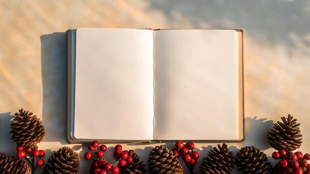 rústico abierto cuaderno con pino conos y rojo bayas frontera en calentar luz de sol con oscuridad foto
