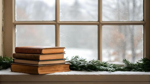 Stack Of Old Books On Snow Covered Window Sill With Greenery And Frosted Window Background photo