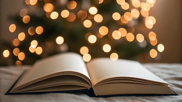 un abierto libro descansa en un texturizado superficie con un borroso Navidad árbol y calentar bokeh luces en el antecedentes foto