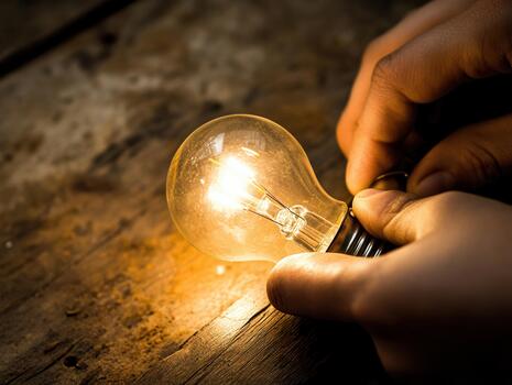 Smart light bulbs being installed in a cozy workshop showcasing hands carefully screwing them into place during early evening hours photo